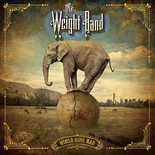 CD cover: elephant balancing on a cracked globe, cityscape background.