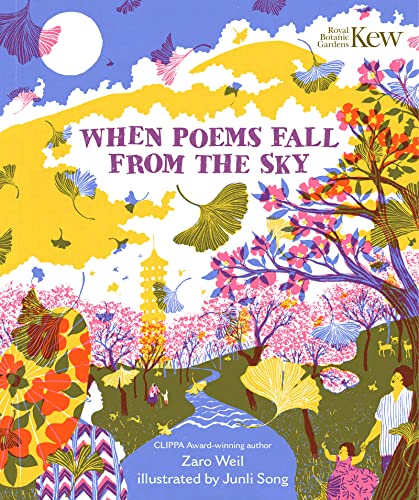 Book cover: colorful floral illustration with title “When Poems Fall From The Sky”.