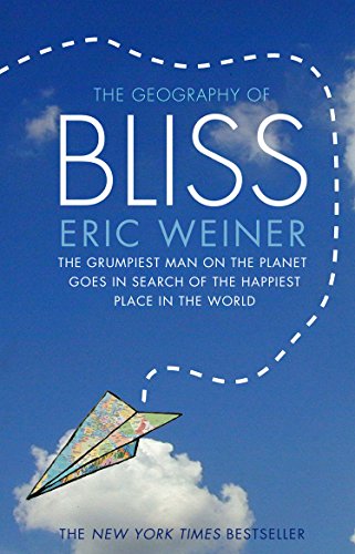 Book cover for The Geography of Bliss with a paper airplane against blue sky.