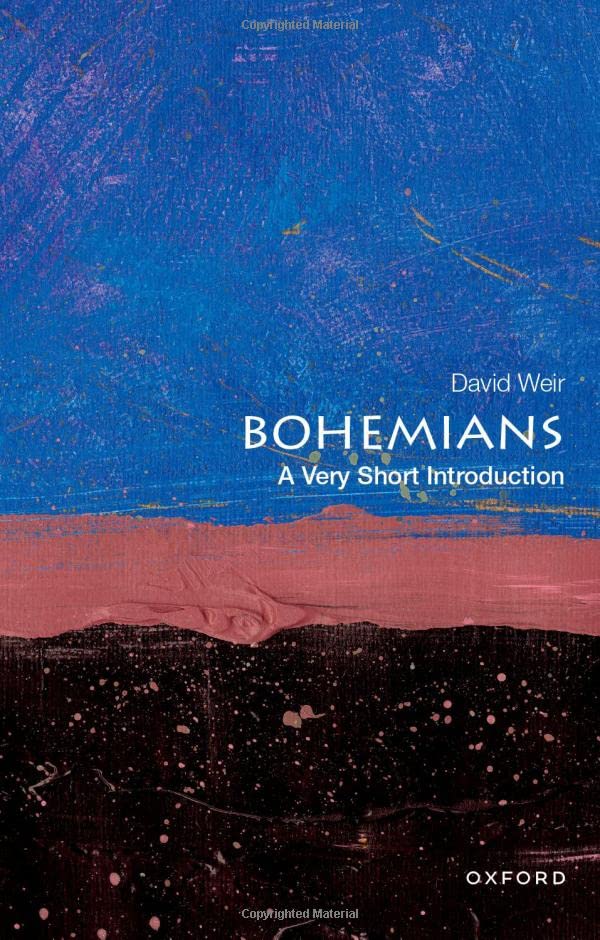 Book cover: "Bohemians" by David Weir, abstract blue and red paint.