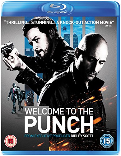 Blu-ray cover for "Welcome to the Punch" featuring two men and a city skyline.