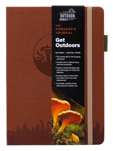 Brown journal with mushroom illustration and text about foraging outdoors.