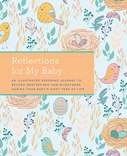 Baby journal with birds and nests on a pale blue floral background.