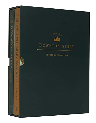 Dark teal boxed set of two Downton Abbey cookbooks with gold lettering.