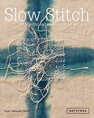 Book cover: “Slow Stitch” with textured blue and white textile art.