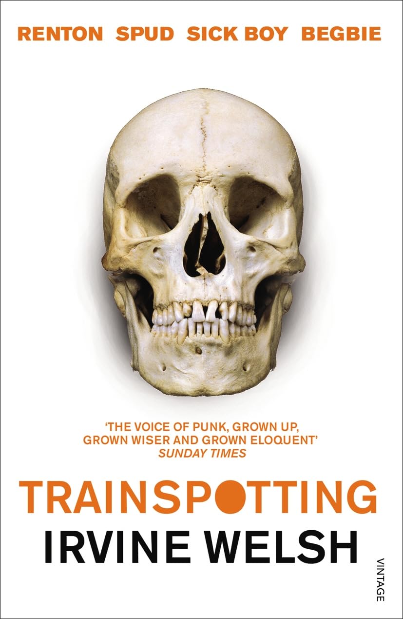 Book cover: “Trainspotting” by Irvine Welsh, featuring a human skull.