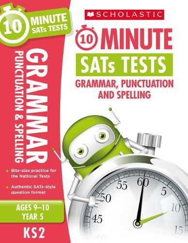Book cover with a robot, timer, and text about grammar and spelling.
