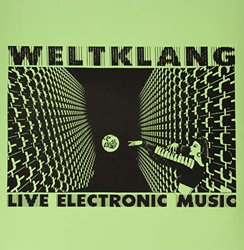 Record cover: Weltklang, a musician with a synthesizer in a tunnel.