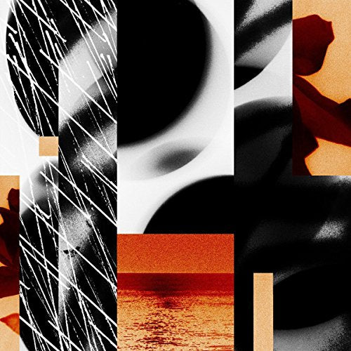 Abstract album cover with black, white, and orange geometric shapes.