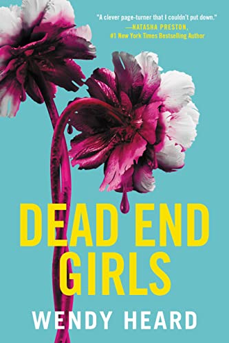 Book cover: "Dead End Girls" with pink and white dahlia flowers.