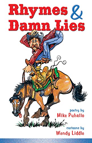 Book cover: "Rhymes & Damn Lies" with cartoon cowboy on horse.