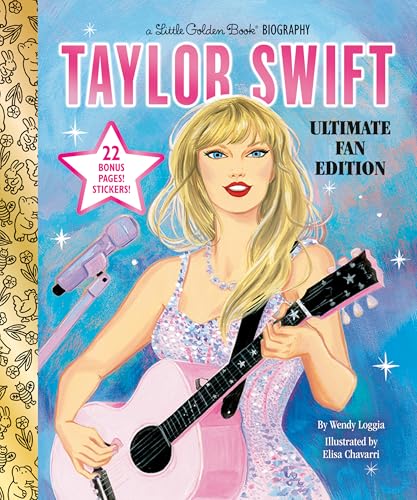 Taylor Swift biography book cover with illustration of her playing guitar.