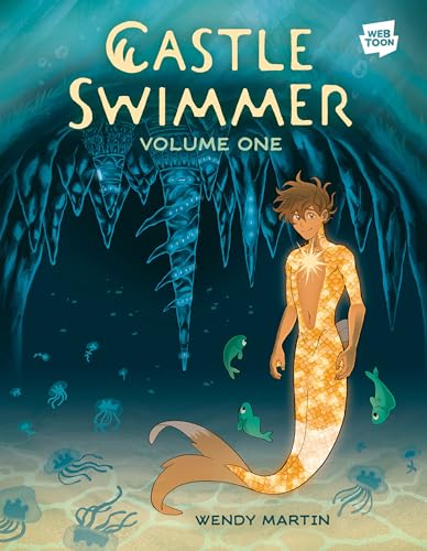A merman with a glowing chest stands in an underwater cave with jellyfish.
