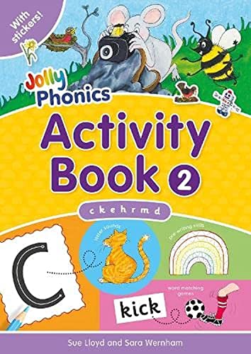 Jolly Phonics Activity Book 2 cover featuring a mouse, bee, cat, and letter C.