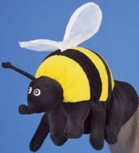 Black and yellow striped bee puppet on a hand, with white wings.