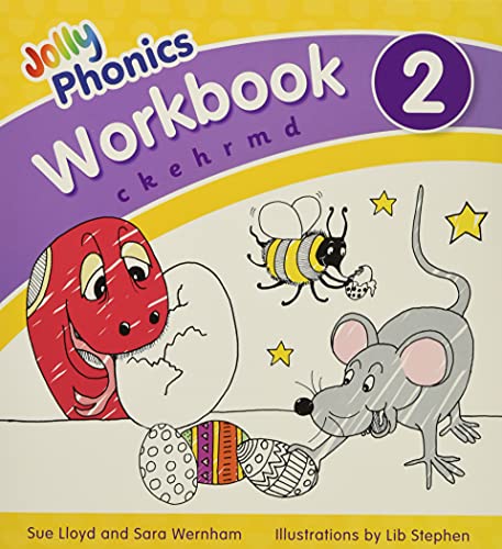 Jolly Phonics Workbook 2 cover with a cartoon caterpillar, bee, and mouse.