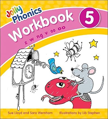 Jolly Phonics Workbook 5 cover with illustrations of animals and a clock.