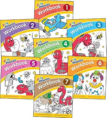 Seven colorful Jolly Phonics workbooks stacked, featuring cartoon animal illustrations.