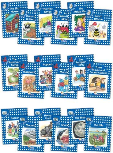 Set of 18 children’s reading books with colorful illustrated covers.