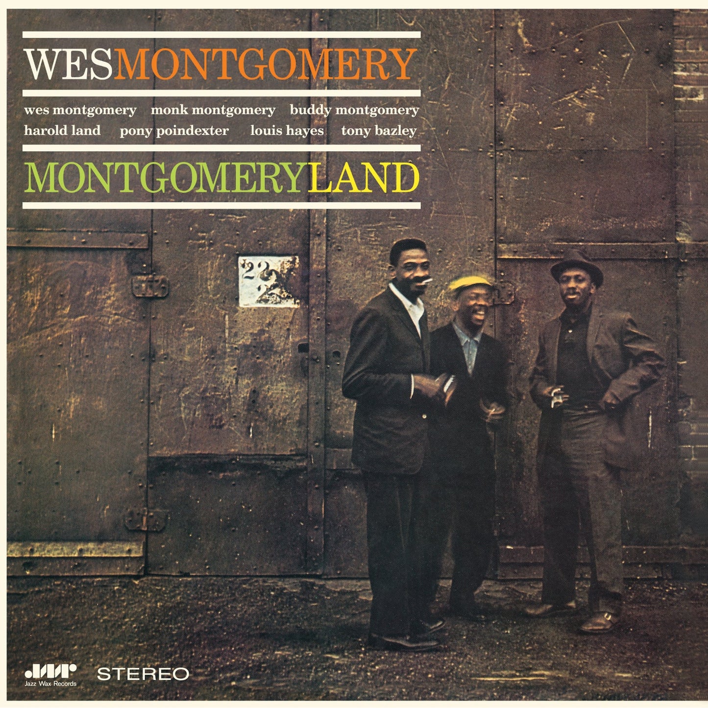 Wes Montgomery’s “Montgomeryland” album cover with three men in front of doors.