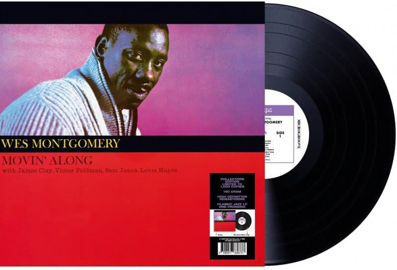 Wes Montgomery "Movin' Along" vinyl record with red cover and portrait.