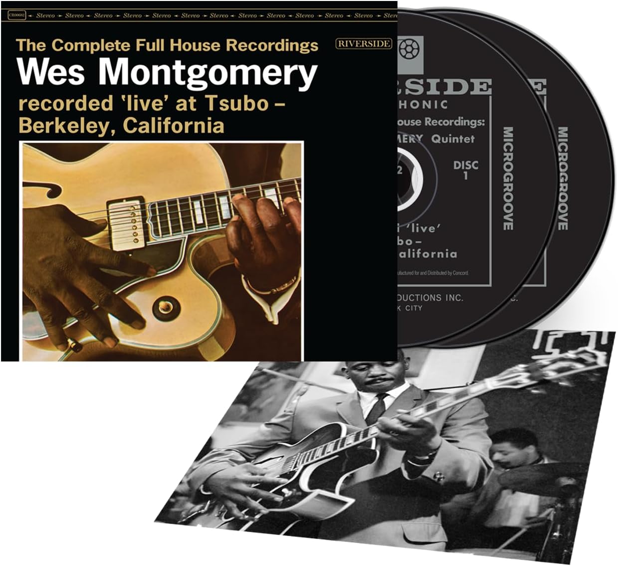 Wes Montgomery album cover featuring a guitarist and live performance photo.