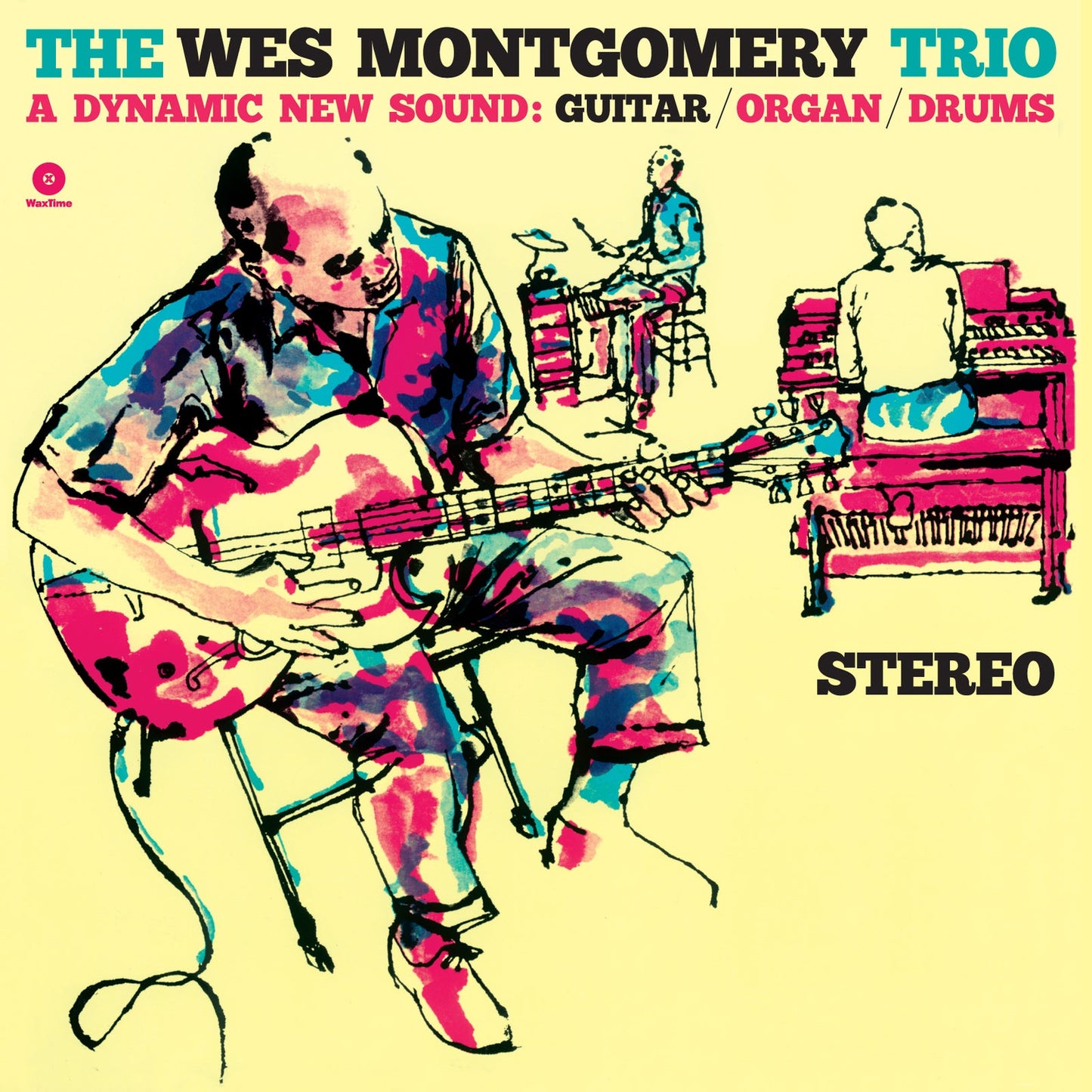 Wes Montgomery Trio album cover: painted musicians with instruments.