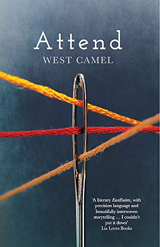 Book cover with a needle and red and orange threads against a blue background.