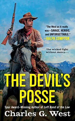 Cowboy on horseback with a rifle, book cover for "Devil's Posse.