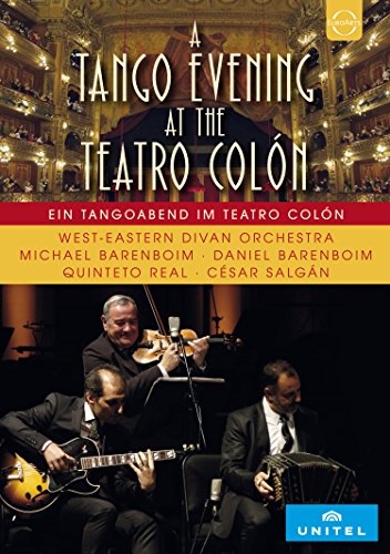 Blu-ray cover for “Tango Evening at the Teatro Colón” featuring musicians.