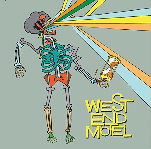 Skeleton with hourglass, colorful rays, and "West End Motel" text.