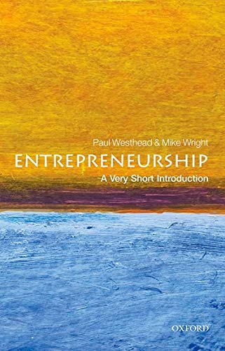 Book cover: "Entrepreneurship: A Very Short Introduction" with abstract art.