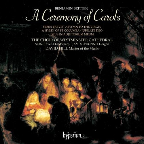 Dark, atmospheric cover with figures around a glowing light, text about Britten's "A Ceremony of Carols".