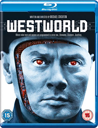 Westworld" Blu-ray cover featuring a robotic face with glowing red eyes.