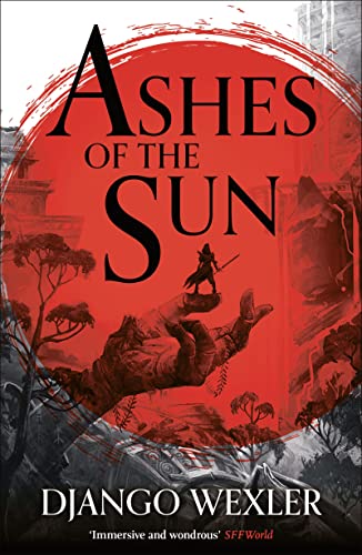 Book cover: warrior silhouette on a giant hand, red sun background.
