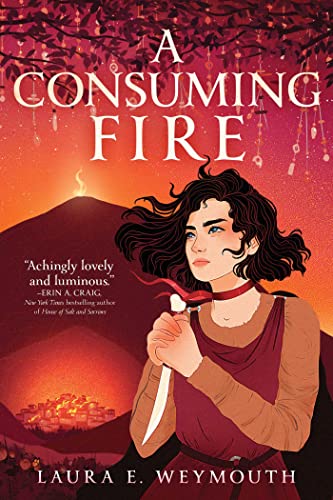 Book cover: woman with dark hair, red dress, and a dagger.