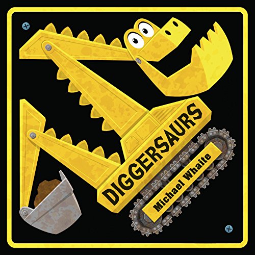 "Children's book cover featuring cartoon dinosaurs operating construction vehicles in a sandy landscape."