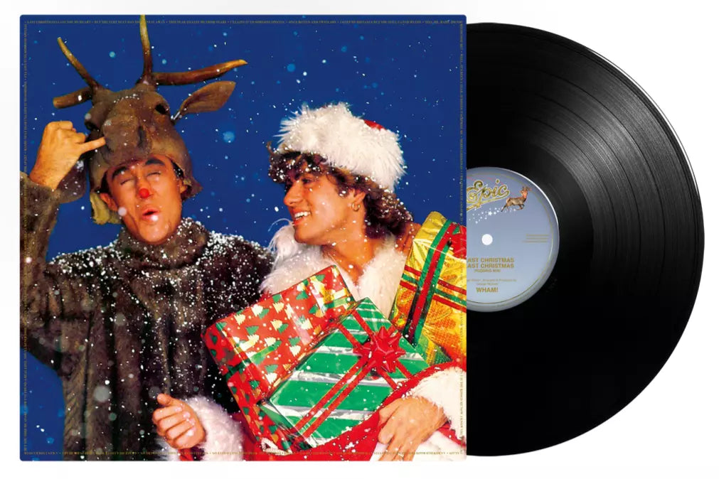 Wham! “Last Christmas” vinyl record with festive cover art of the duo.