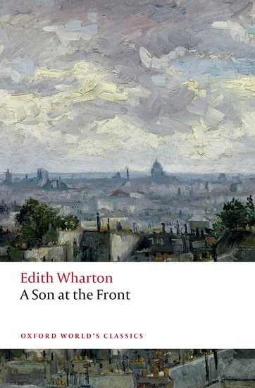 Book cover: painted cityscape with red title "A Son at the Front".