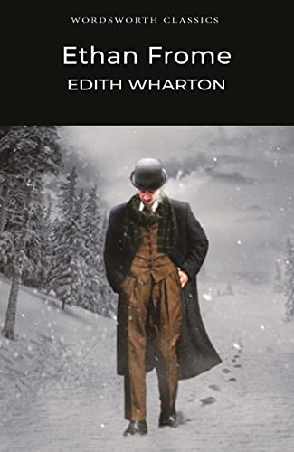 Book cover for Ethan Frome by Edith Wharton showing a man walking in snow.