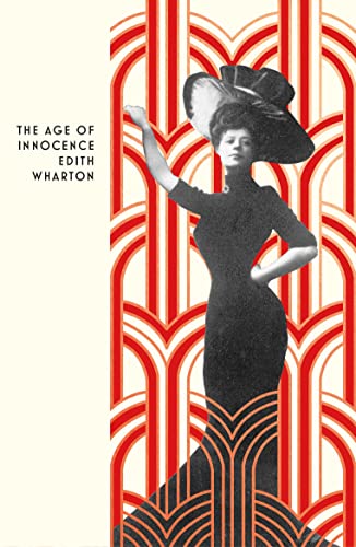 Book cover: woman in dark dress and hat, Art Deco background.