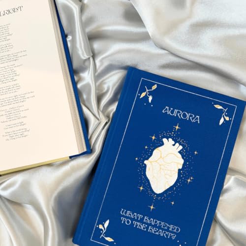 A blue book titled What Happened To The Heart? by Aurora on satin fabric.