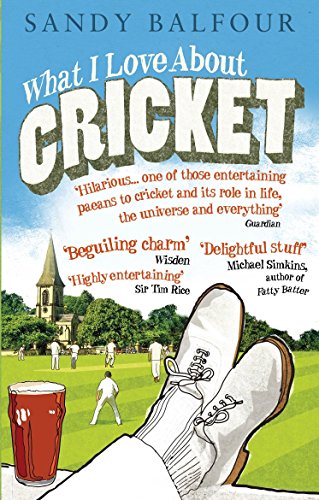 Book cover: “What I Love About Cricket” with village green illustration.