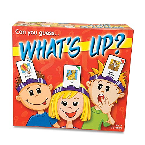 Box for the What's Up card game showing three children wearing headbands with cards.