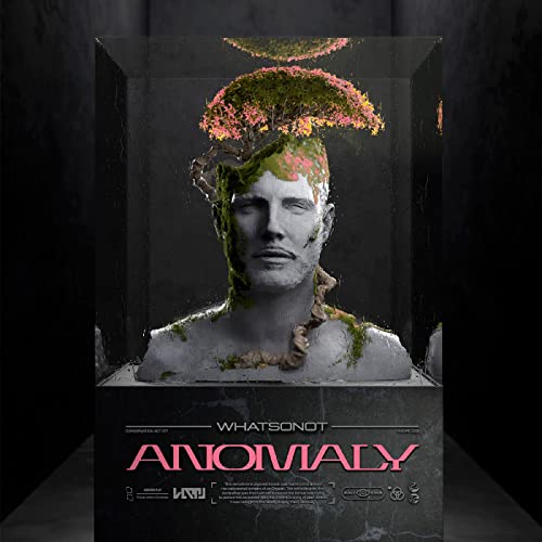 Bust sculpture with plant growth emerging from head, dark background.