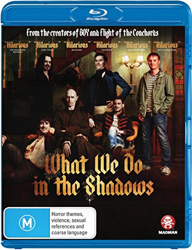 What We Do In The Shadows" Blu-ray cover featuring a group of vampires.