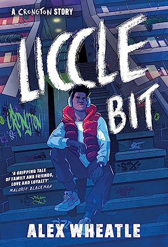 Book cover: boy with headphones sits on city steps, title "Liccle Bit".