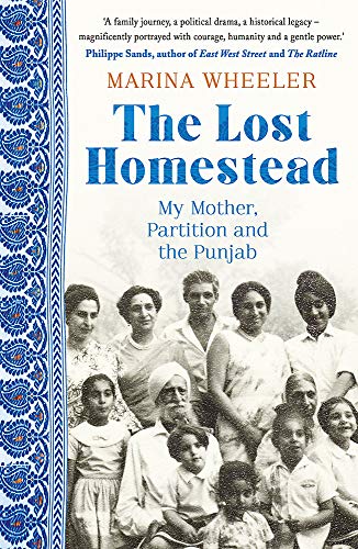 Book cover with a vintage family portrait and blue floral design.