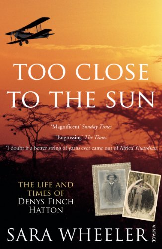 Book cover: orange sunset, biplane, and portrait of Denys Finch Hatton.