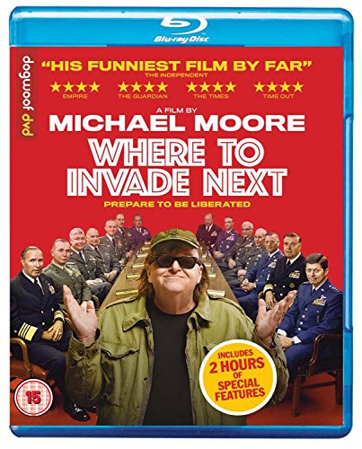 Blu-ray cover for “Where To Invade Next” featuring Michael Moore and military figures.
